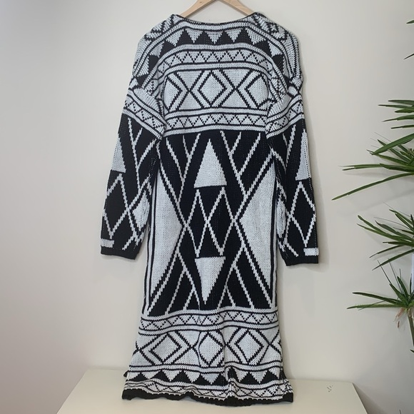 Celsius Premium | Black White Knit Open Front Aztec Pocket Cardigan Sweater L - Picture 17 of 17